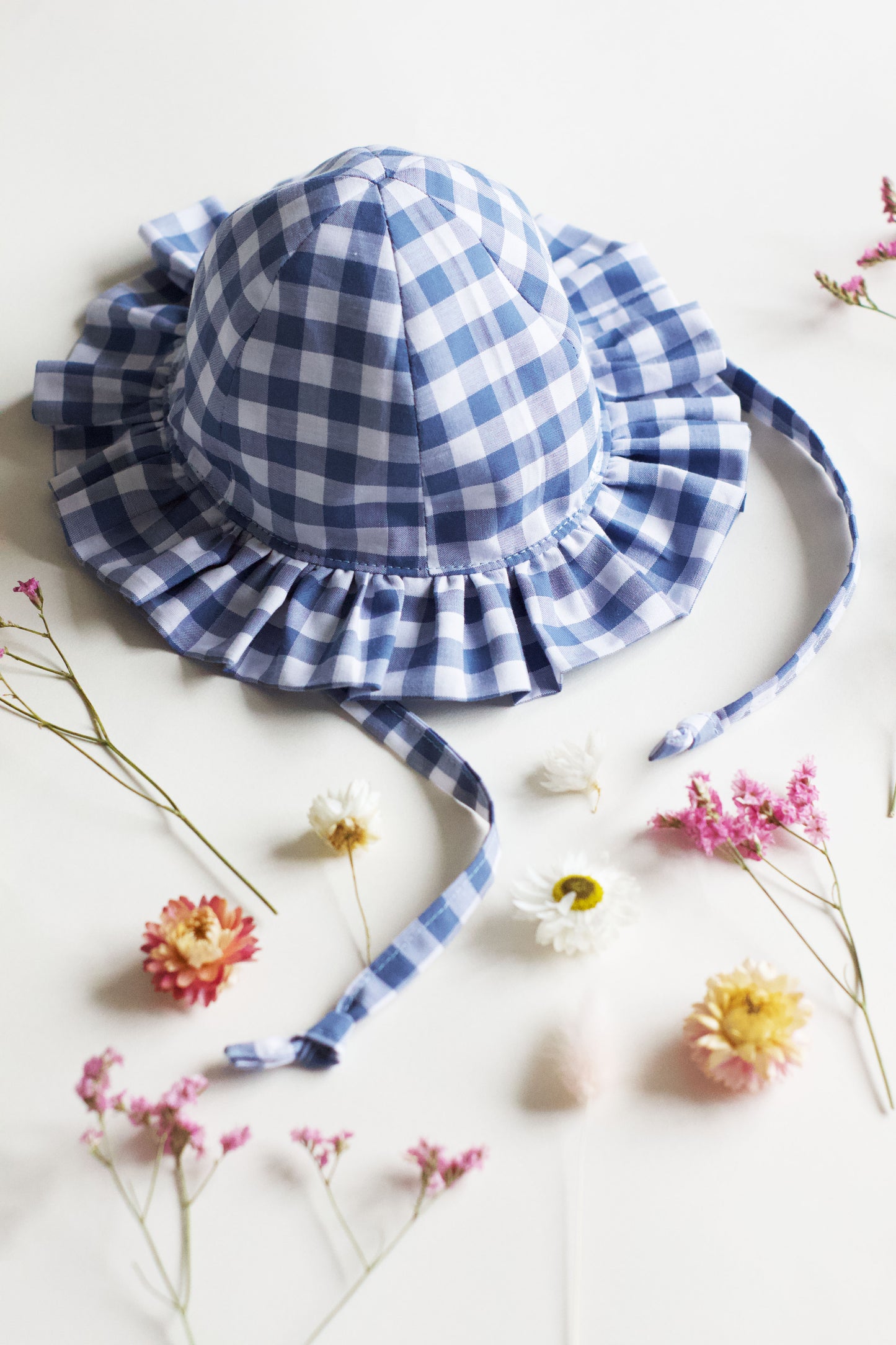 Blue Gingham Frill Sun Hat