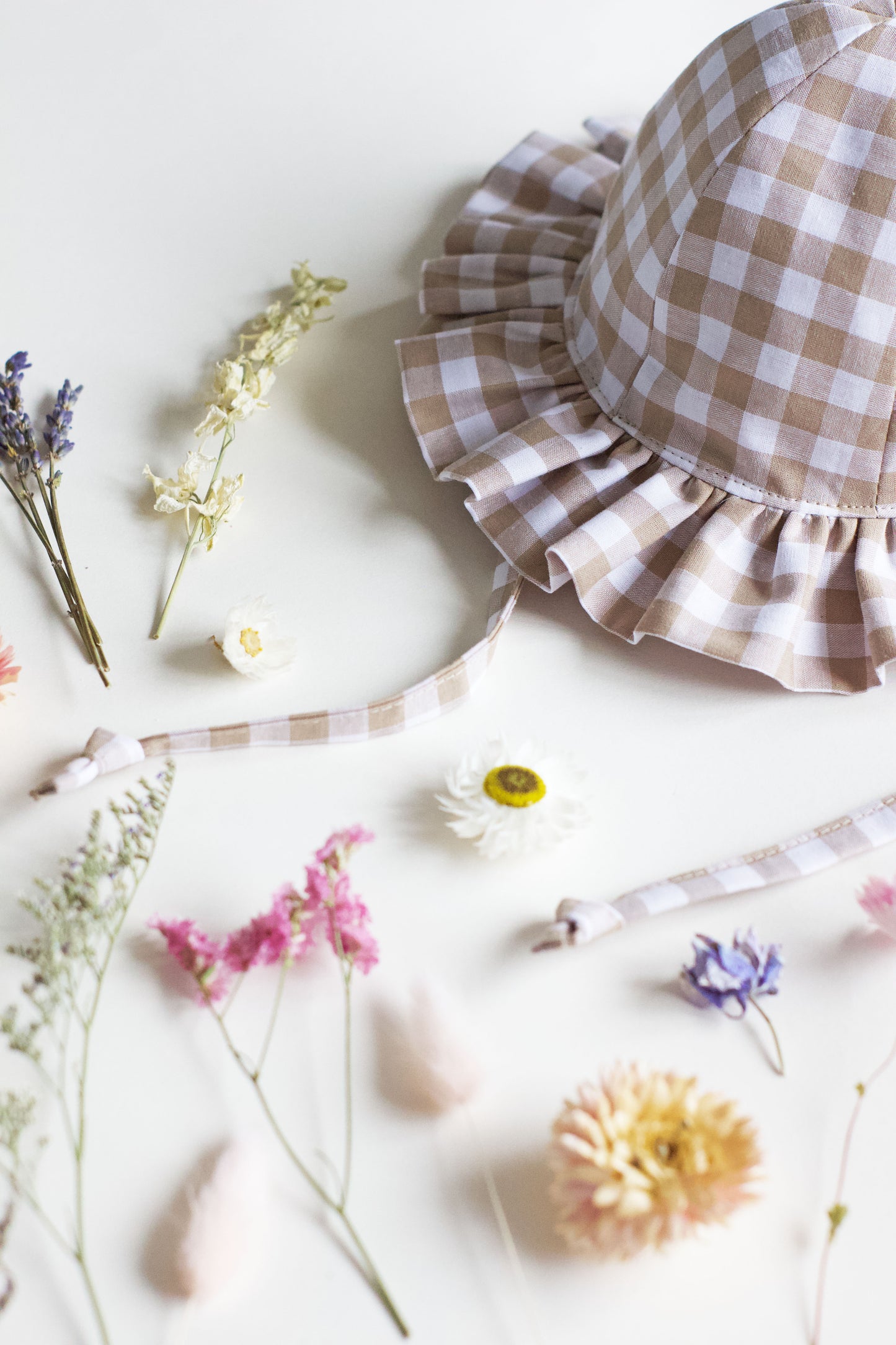 Beige Gingham Frill Sun Hat