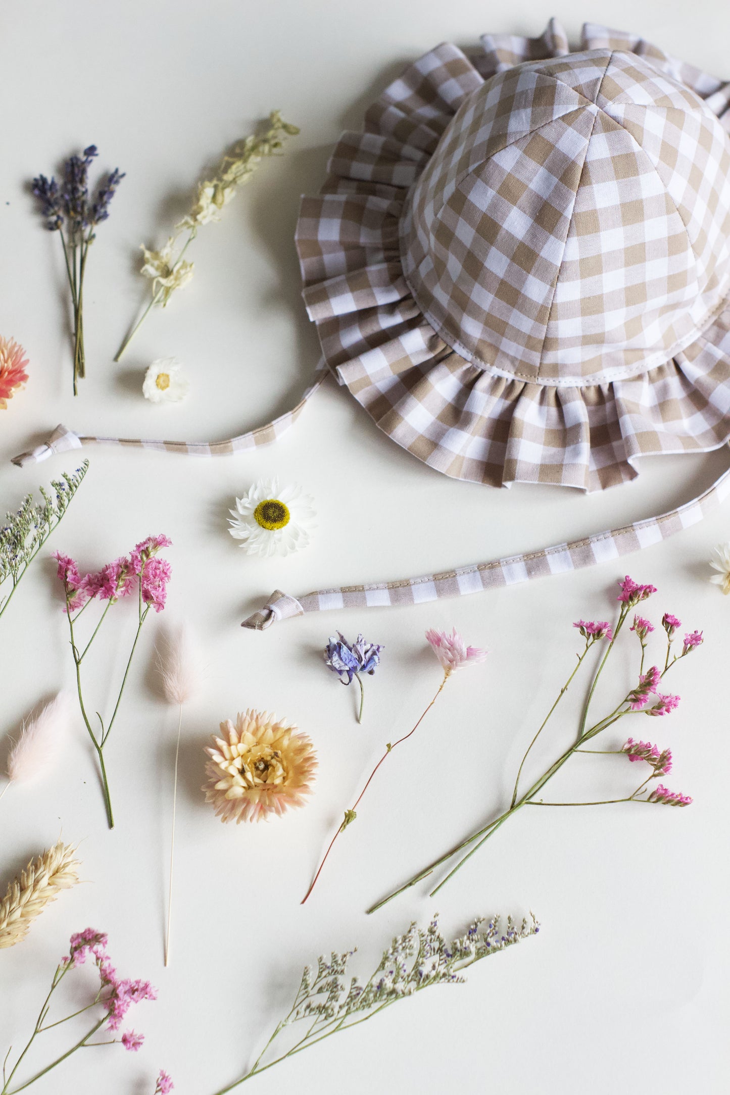 Beige Gingham Frill Sun Hat