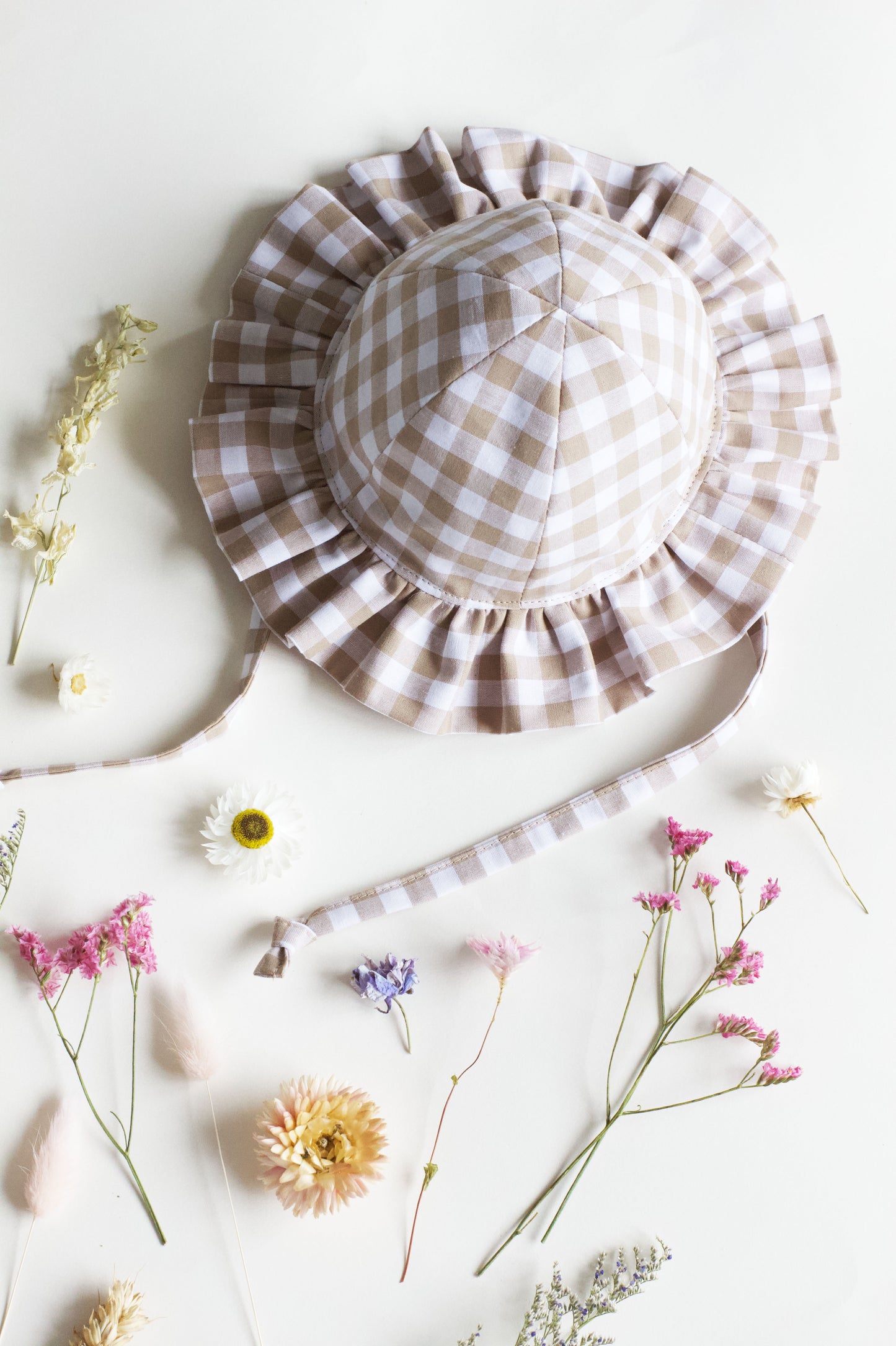 Beige Gingham Frill Sun Hat