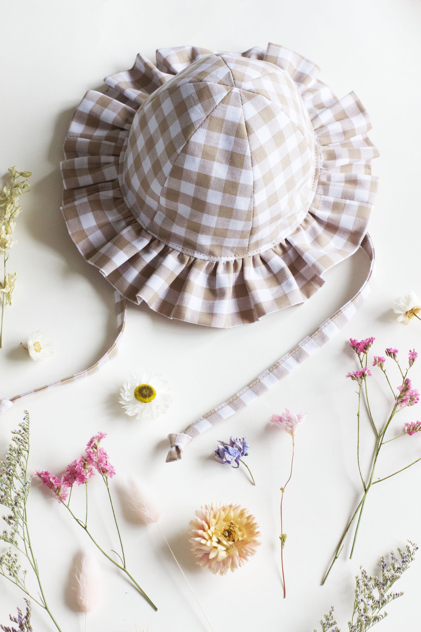 Beige Gingham Frill Sun Hat