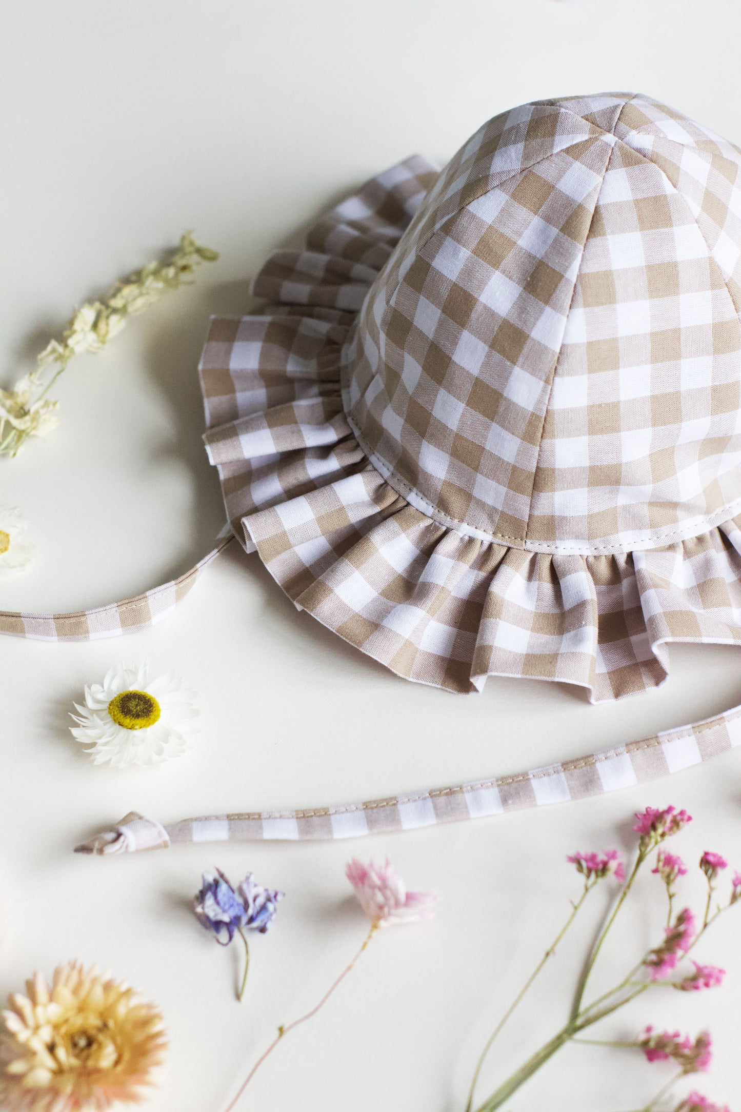 Beige Gingham Frill Sun Hat