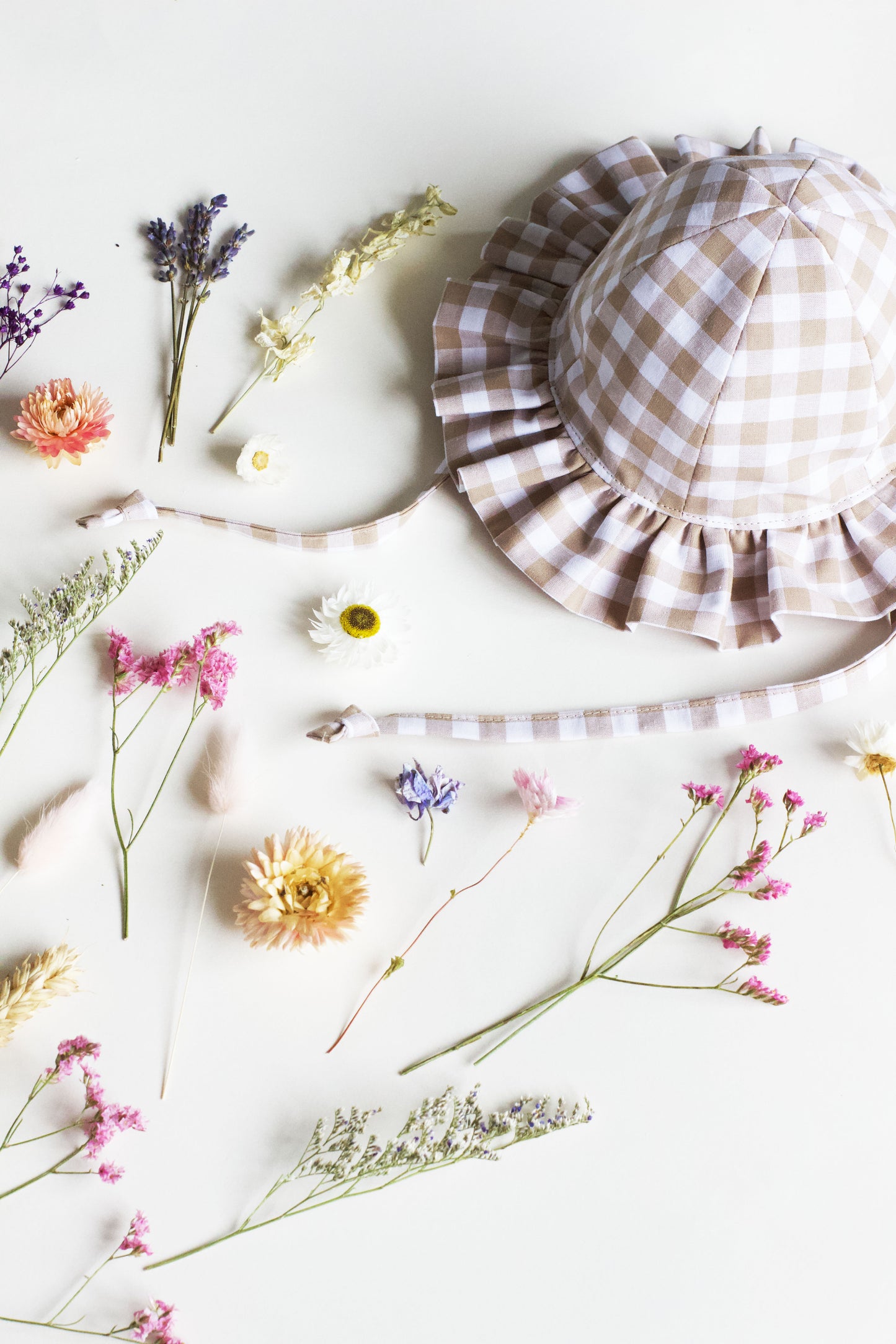 Beige Gingham Frill Sun Hat