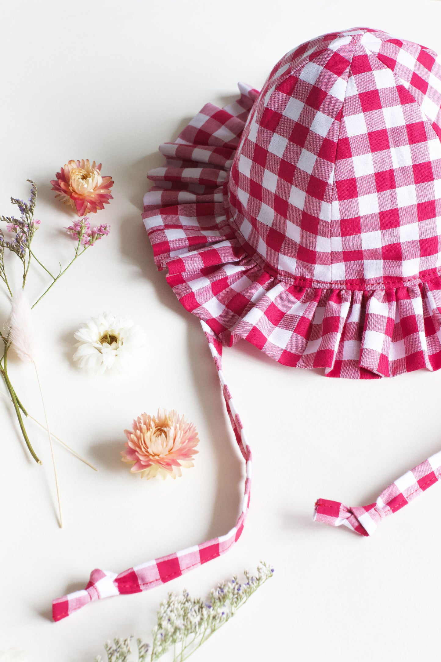 Raspberry Gingham Frill Sun Hat