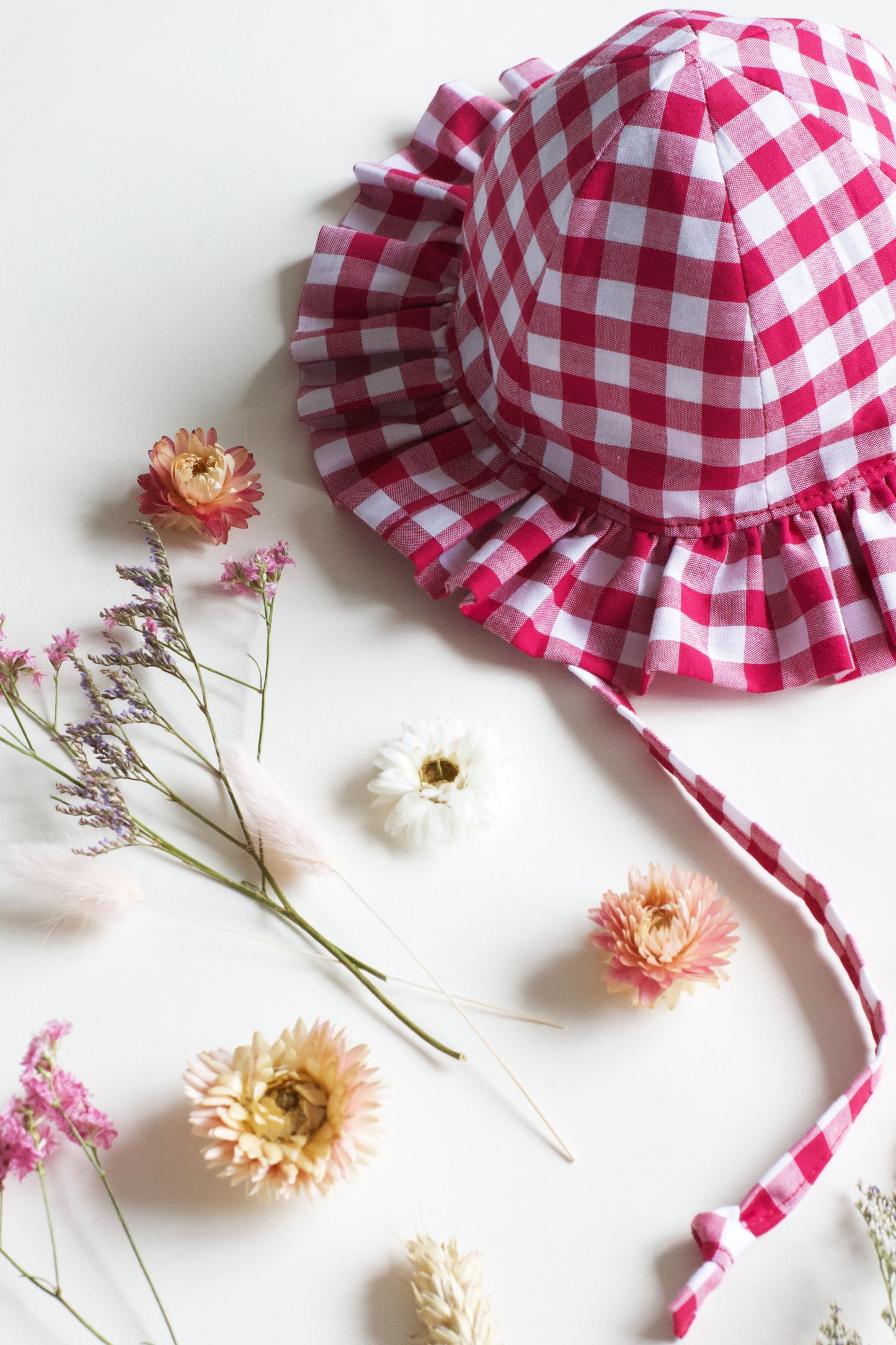 Raspberry Gingham Frill Sun Hat