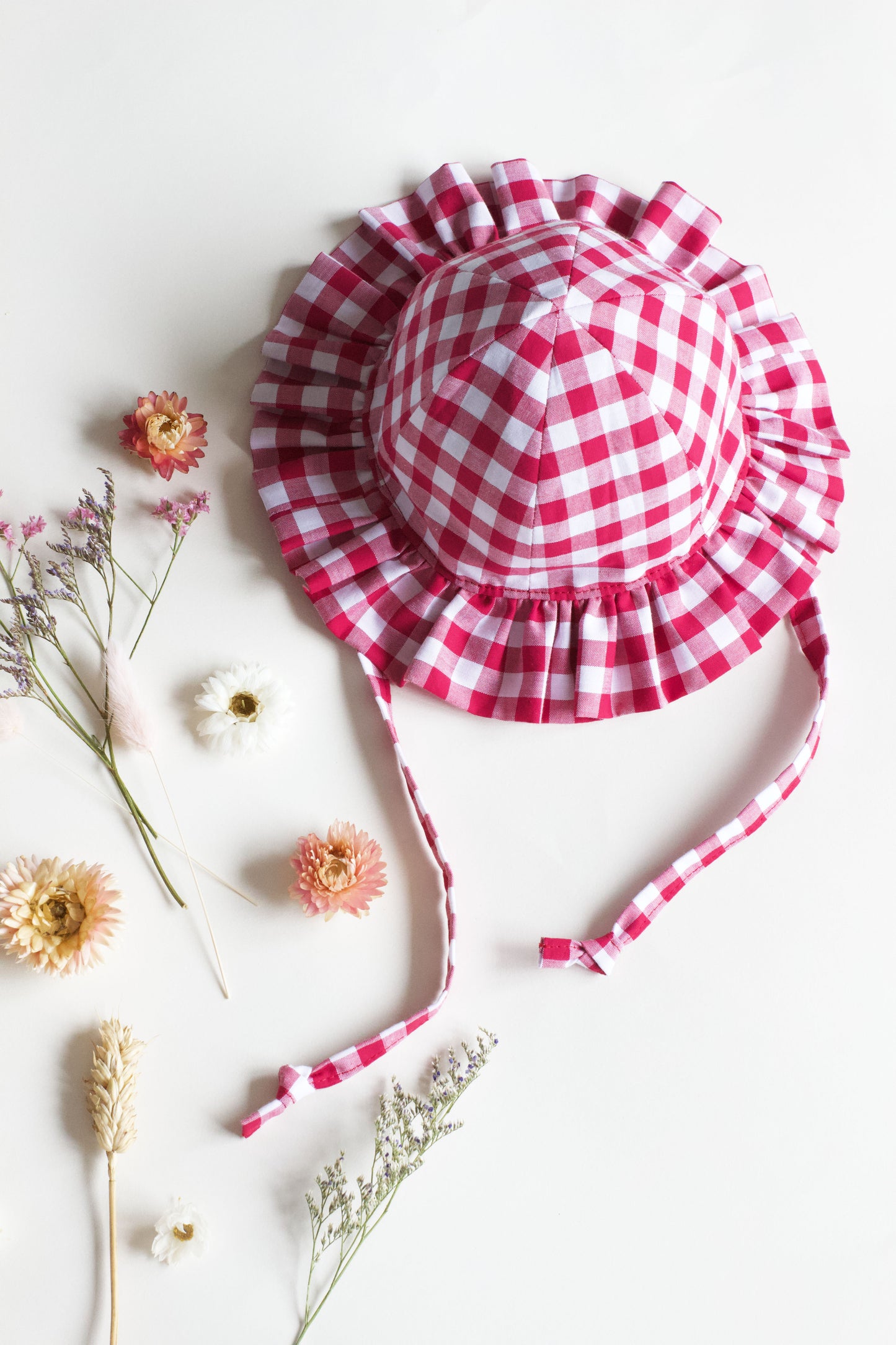 Raspberry Gingham Frill Sun Hat