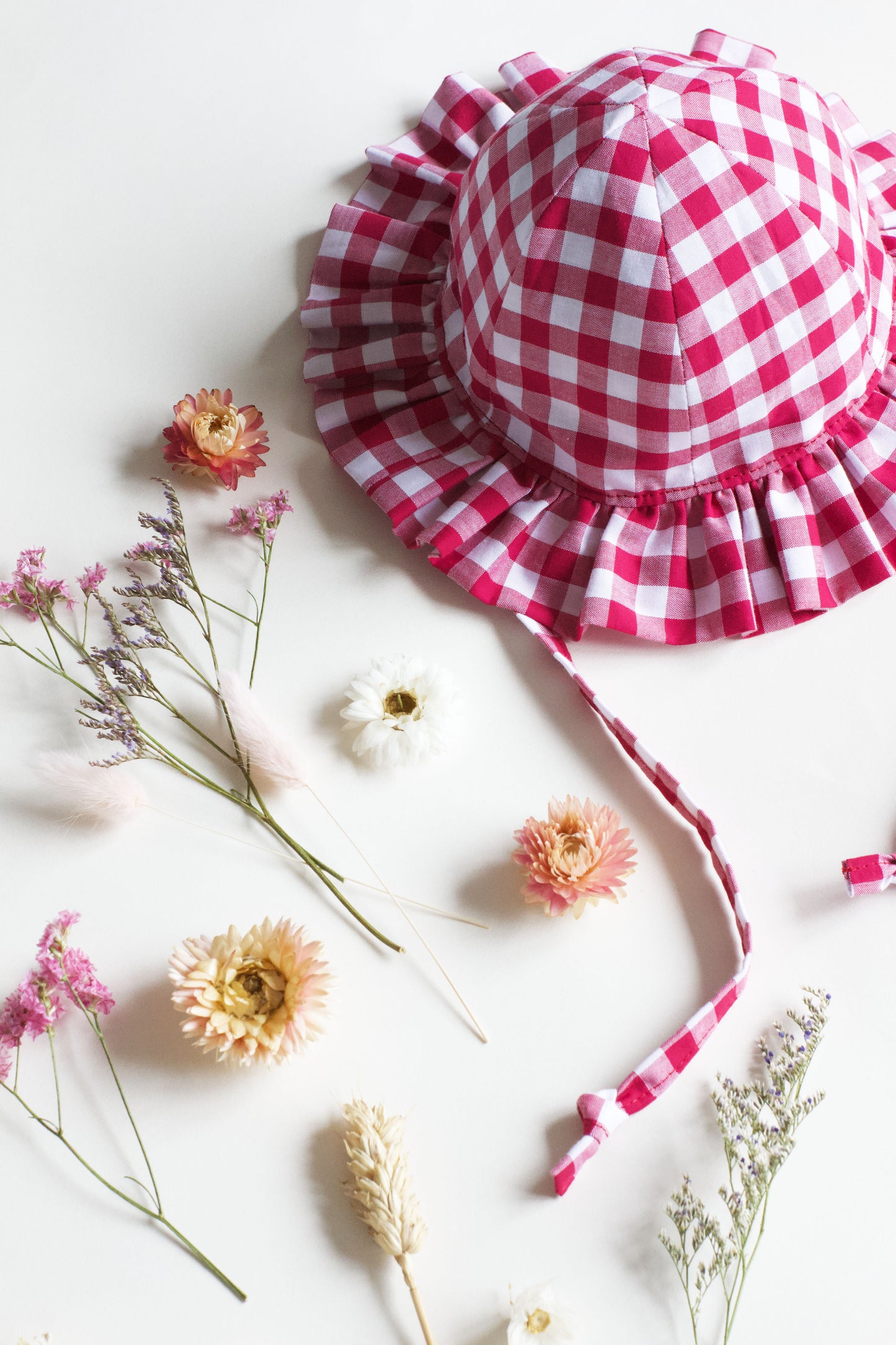 Raspberry Gingham Frill Sun Hat