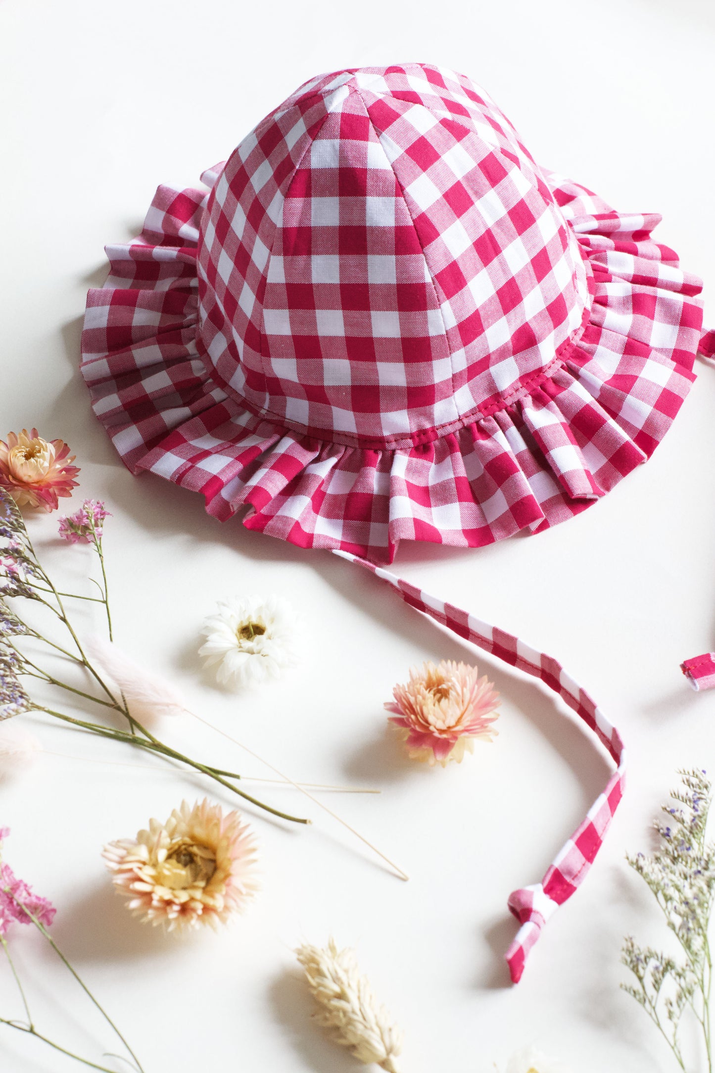 Raspberry Gingham Frill Sun Hat